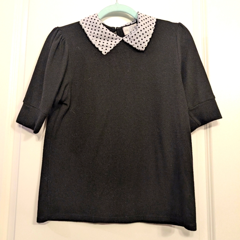 Classic Black Shirt with Polka Dot Collar